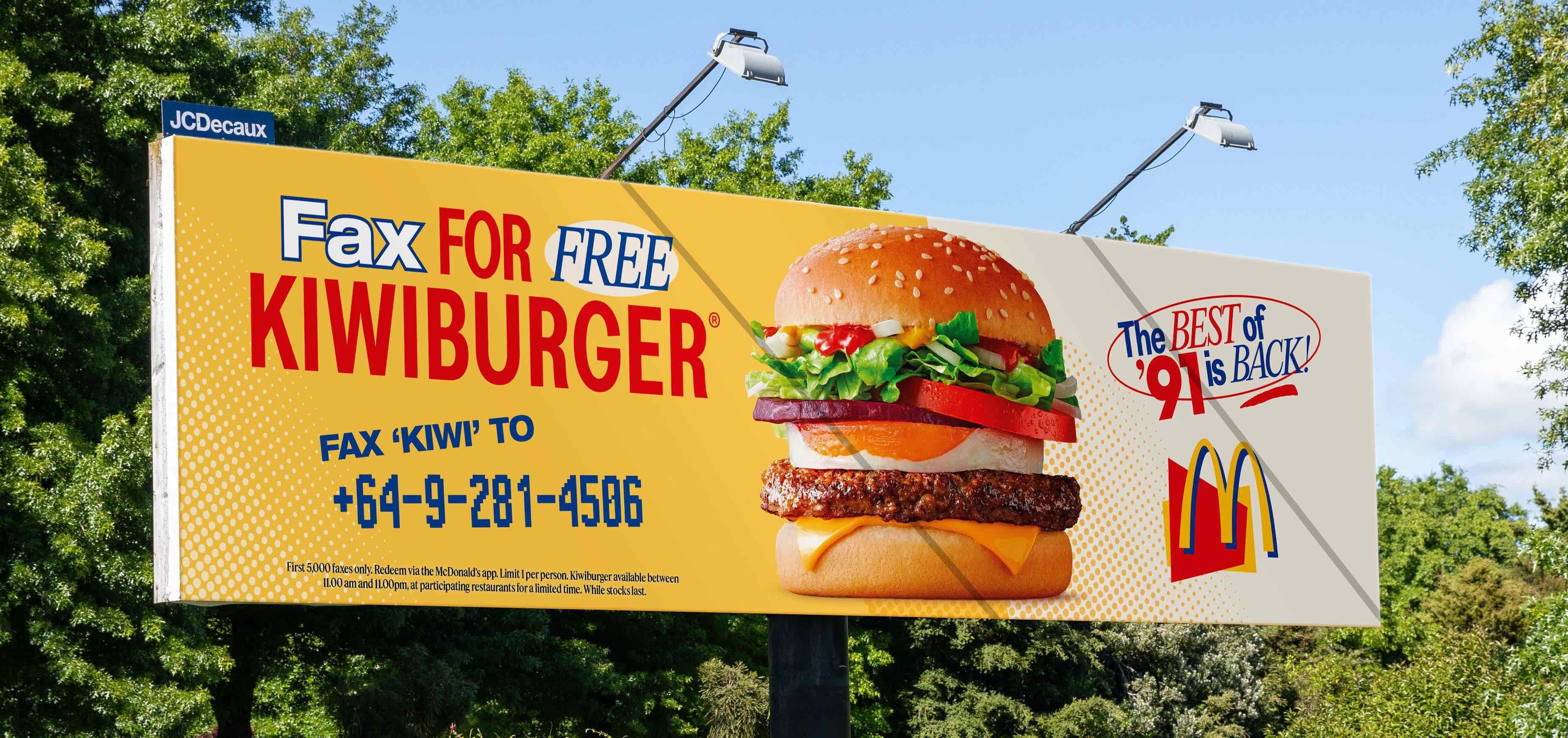 "Fax for free Kiwiburger" billboard
